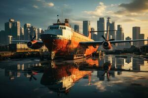 ai gegenereerd bedrijf logistiek en vervoer concept van een houder lading schip en lading met een werken kraan brug in een scheepswerf en een zonsondergang in de achtergrond. generatief ai foto