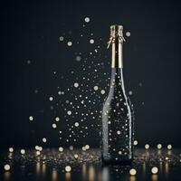 ai gegenereerd zwart Champagne fles silhouet gouden bubbels explosie foto