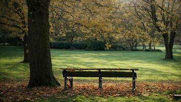 ai gegenereerd een houten bank in de park met groen bladeren in de lente. bank in de tuin foto