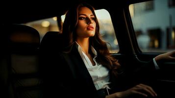 ai gegenereerd portret van een mooi jong bedrijf vrouw zittend in de auto. foto