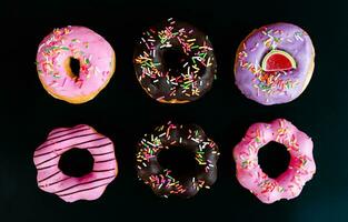 donuts, zwart achtergrond, aantal stuks 6 stukken foto