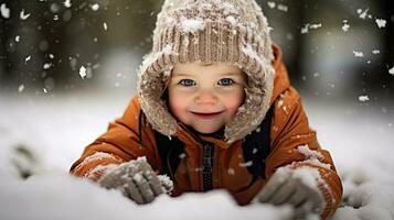 ai gegenereerd ai generatief illustratie van een schattig kleuter spelen in de sneeuw foto