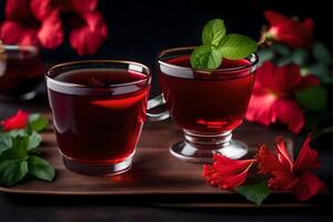 ai gegenereerd twee cups van thee met rood bloemen en bladeren foto