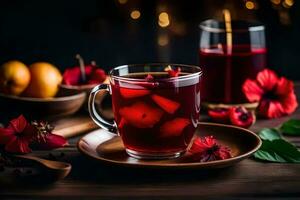 ai gegenereerd rood thee met hibiscus bloemen en rood bessen foto