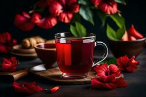 ai gegenereerd rood thee met hibiscus bloemen Aan een donker achtergrond foto