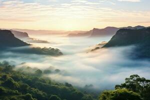 ai gegenereerd zonsopkomst in de nevelig ochtend- hd achtergrond behang foto