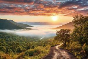 ai gegenereerd zonsopkomst in de nevelig ochtend- hd achtergrond behang foto