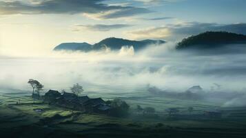 ai gegenereerd Chinese dorp nevelig ochtend- achtergrond behang foto