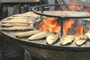 gegrild vis Aan een komvormig vlak rooster met brand gat in de centrum. buitenshuis zeevruchten barbecue Koken. picknick Aan achtertuin Aan Open lucht. straat voedsel concept. voorbereidingen treffen vis over- Open kampvuur foto