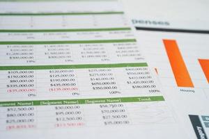 spreadsheet tafelpapier met grafiek. financiële ontwikkeling, bankrekening, statistiek investeringen analytisch onderzoek data-economie, handel, mobiel kantoorrapportage zakelijk bedrijfsvergaderconcept foto