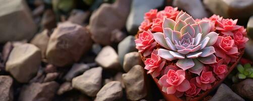 ai gegenereerd roze wit vetplanten in terracotta pot foto