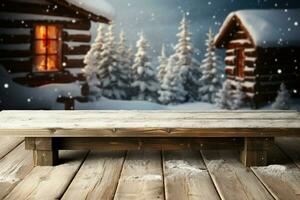 ai gegenereerd leeg winter hout plank bord tafel met sneeuwval ai gegenereerd foto