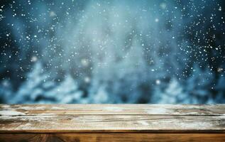 ai gegenereerd leeg winter hout plank bord tafel met sneeuwval ai gegenereerd foto