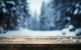 ai gegenereerd leeg winter hout plank bord tafel met sneeuwval ai gegenereerd foto