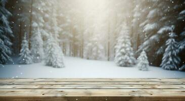 ai gegenereerd leeg winter hout plank bord tafel met sneeuwval ai gegenereerd foto