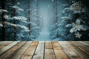 ai gegenereerd leeg winter hout plank bord tafel met sneeuwval ai gegenereerd foto