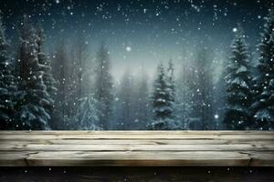 ai gegenereerd leeg winter hout plank bord tafel met sneeuwval ai gegenereerd foto