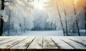 ai gegenereerd leeg winter hout plank bord tafel met sneeuwval ai gegenereerd foto