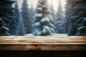 ai gegenereerd leeg winter hout plank bord tafel met sneeuwval ai gegenereerd foto