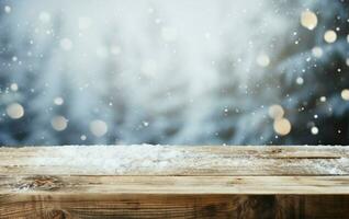 ai gegenereerd leeg winter hout plank bord tafel met sneeuwval ai gegenereerd foto