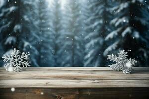 ai gegenereerd leeg winter hout plank bord tafel met sneeuwval ai gegenereerd foto