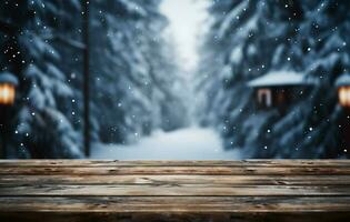 ai gegenereerd leeg winter hout plank bord tafel met sneeuwval ai gegenereerd foto