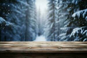 ai gegenereerd leeg winter hout plank bord tafel met sneeuwval ai gegenereerd foto