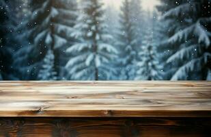 ai gegenereerd leeg winter hout plank bord tafel met sneeuwval ai gegenereerd foto