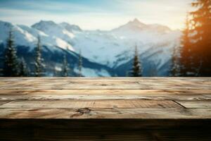 ai gegenereerd leeg winter hout plank bord tafel met sneeuwval ai gegenereerd foto