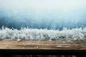 ai gegenereerd leeg winter hout plank bord tafel met sneeuwval ai gegenereerd foto