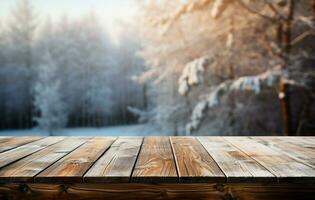 ai gegenereerd leeg winter hout plank bord tafel met sneeuwval ai gegenereerd foto