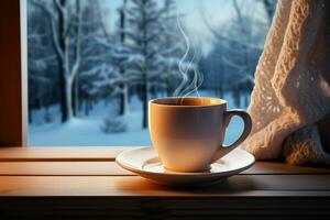 ai gegenereerd kop van thee of koffie mok Aan tafel in de buurt venster winter vakantie ai gegenereerd foto