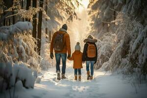 ai gegenereerd achterzijde visie van familie in winter vakantie besneeuwd ai gegenereerd foto