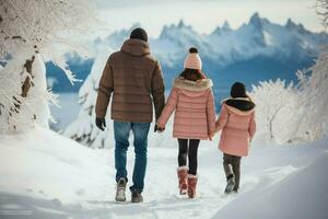 ai gegenereerd achterzijde visie van familie in winter vakantie besneeuwd ai gegenereerd foto