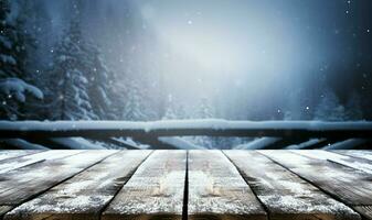 ai gegenereerd leeg winter hout plank bord tafel met sneeuwval ai gegenereerd foto