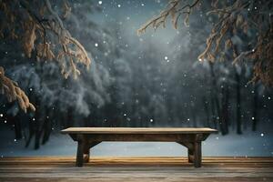 ai gegenereerd leeg winter hout plank bord tafel met sneeuwval ai gegenereerd foto