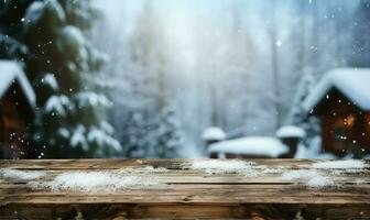 ai gegenereerd leeg winter hout plank bord tafel met sneeuwval ai gegenereerd foto