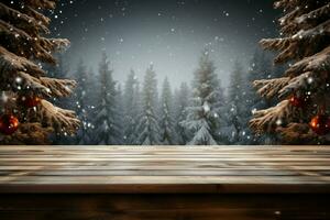 ai gegenereerd leeg winter hout plank bord tafel met sneeuwval ai gegenereerd foto