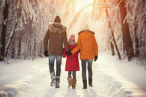 ai gegenereerd achterzijde visie van familie in winter vakantie besneeuwd ai gegenereerd foto