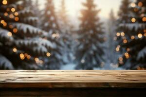 ai gegenereerd leeg winter hout plank bord tafel met sneeuwval ai gegenereerd foto