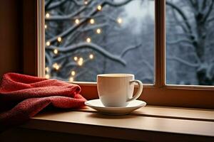 ai gegenereerd kop van thee of koffie mok Aan tafel in de buurt venster winter vakantie ai gegenereerd foto