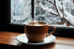 ai gegenereerd kop van thee of koffie mok Aan tafel in de buurt venster winter vakantie ai gegenereerd foto