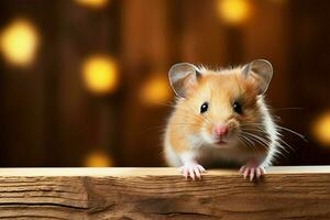 pluizig wangedrocht hamster omhoog dichtbij tegen een rustiek houten structuur ai gegenereerd foto