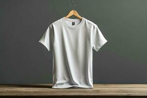 ai gegenereerd blanco t-shirt mockup met houten achtergronden, t-shirt model. wit blanco t-shirt voorkant en terug keer bekeken. foto