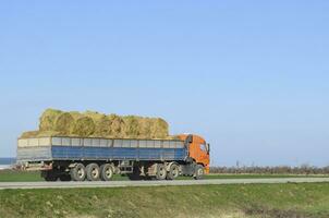 vrachtauto draag- hooi in zijn lichaam. maken hooi voor de winter. foto