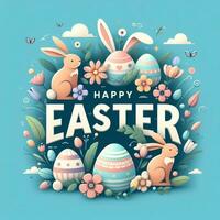ai gegenereerd gelukkig Pasen vakantie belettering, banier modieus ontwerp Pasen dag met konijn, bloemen, eieren typografie . plein uitnodiging kaart tekst bericht voor ansichtkaart foto