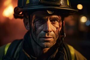 ai gegenereerd brandweerman vervelend een helm. bloed Aan zijn gezicht. portret. generatief ai foto