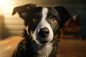 ai gegenereerd grappig schattig zwart en wit hond hoofd schot. portret van een pup. ai gegenereerd foto