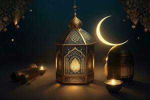 ai gegenereerd Arabisch lantaarn met brandend kaars gloeiend Bij nacht voor moslim heilig maand Ramadan kareem foto