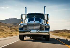 ai gegenereerd Amerikaans stijl vrachtauto Aan de snelweg, snelweg trekken lading, beweging. vervoer concept foto